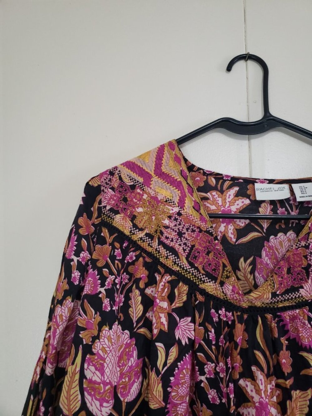 Rachel Zoe Women S Blouse Boho Peasant Embroidered Black Pink 100% Cotton Floral - Picture 3 of 6